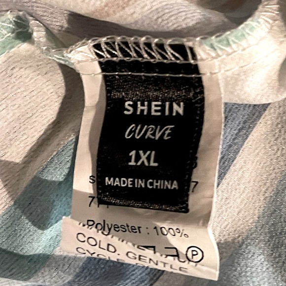 blue&green striped off-shoulder capsleeve minidress w/belt & buttons by SHEIN 1X - Picture 3 of 3